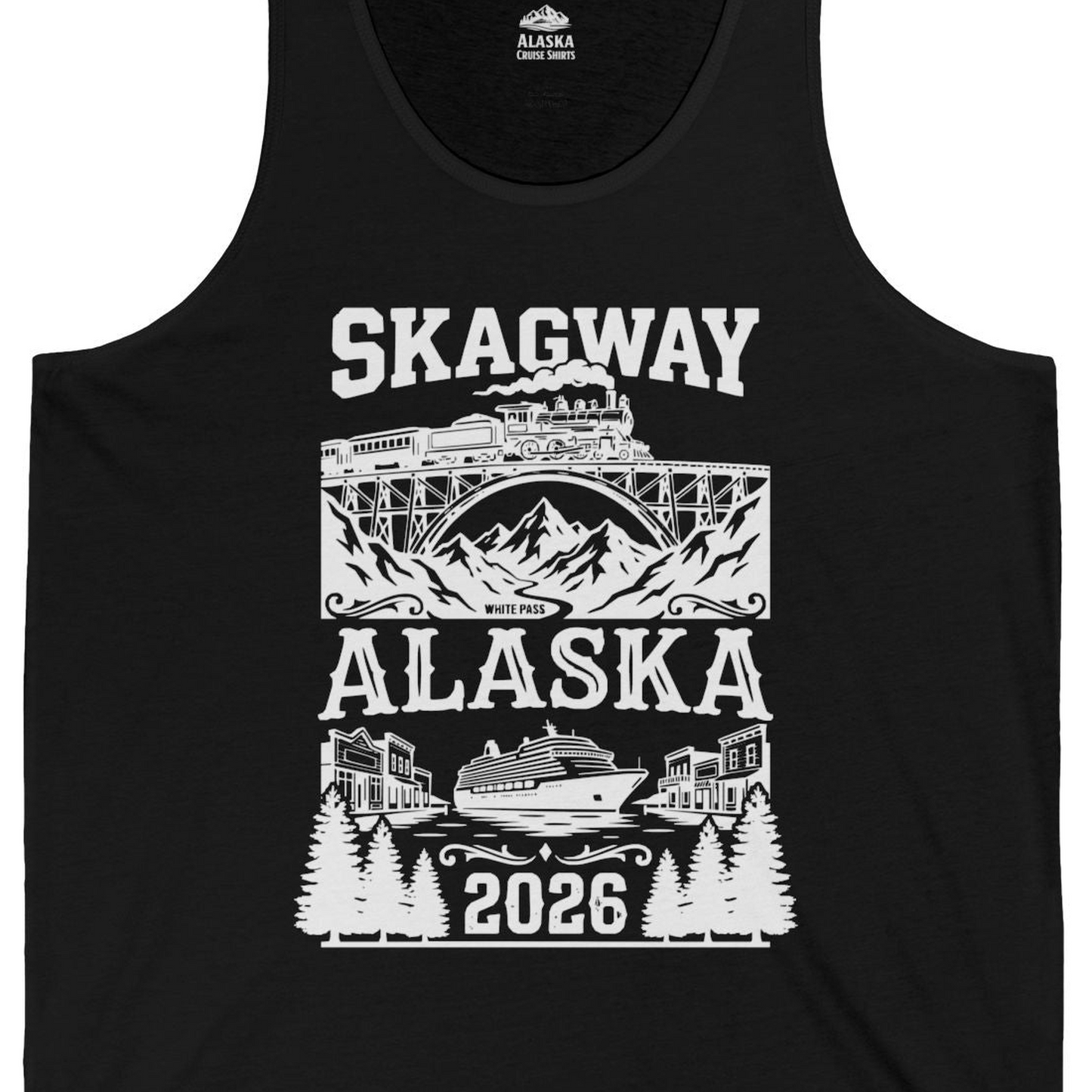 Skagway Alaska Cruise 2026 Shirt with Train and Mountains — Tank Top Tank Top – Black – Alaska Cruise Shirts Close Up