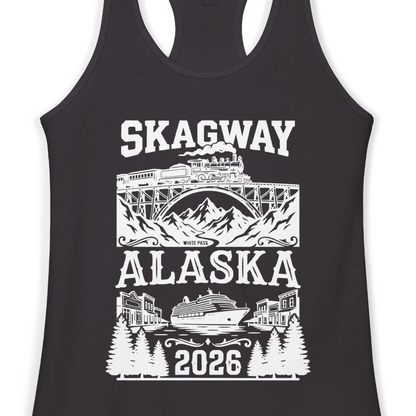Skagway Alaska Cruise 2026 Shirt with Train and Mountains — Ladies Tank Tank Top – Black – Alaska Cruise Shirts Close Up