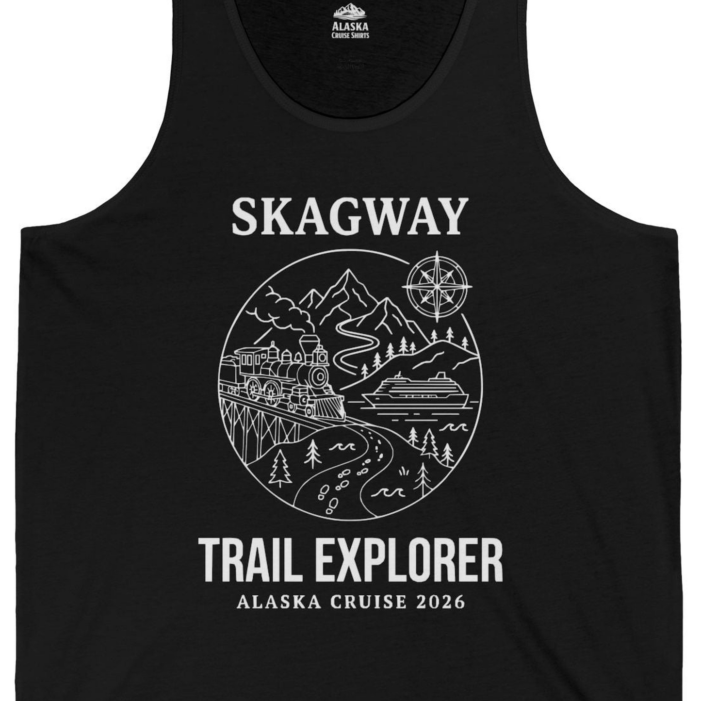Skagway Trail Explorer Alaska Cruise Scenic Adventure Shirt — Tank Top Tank Top – Black – Alaska Cruise Shirts Close Up