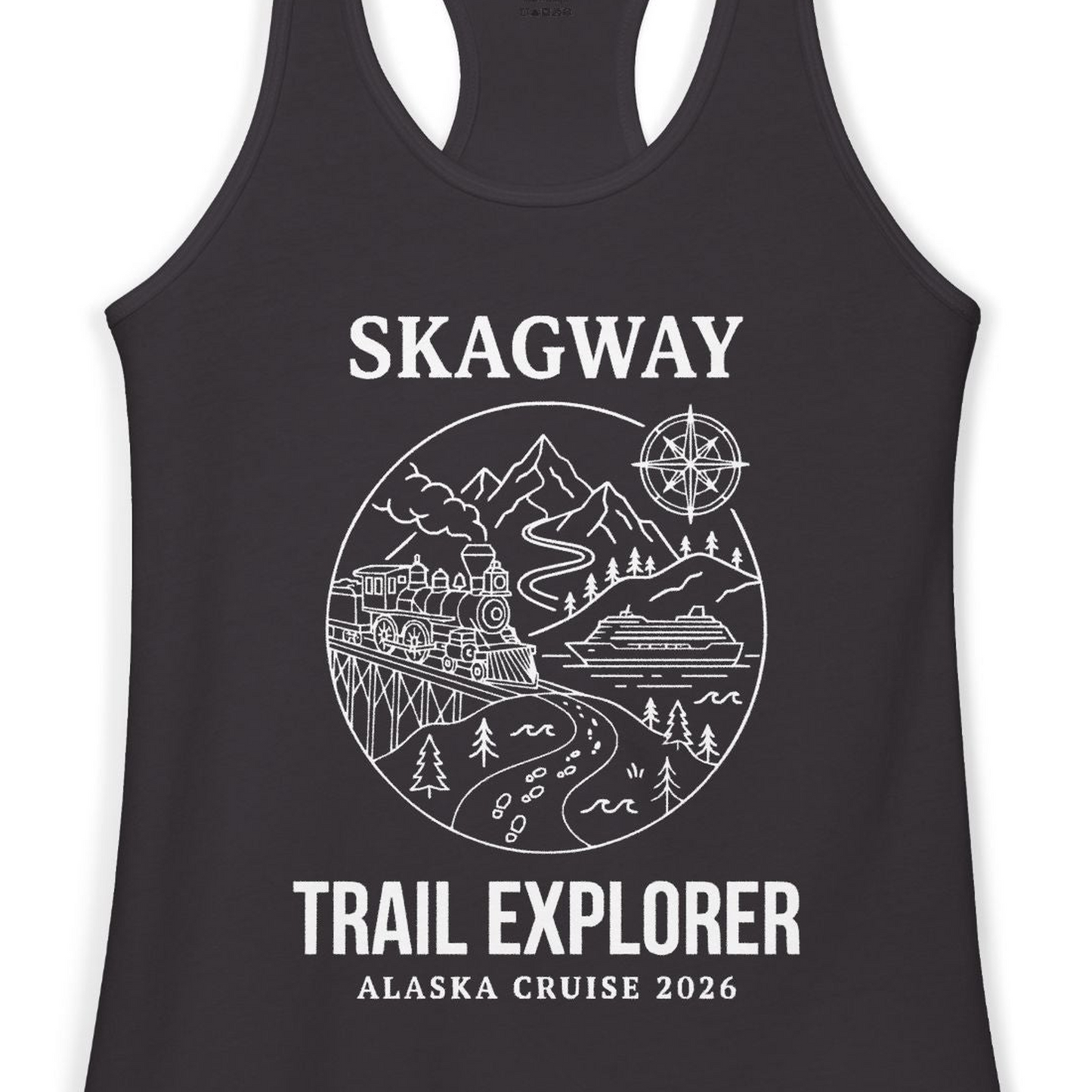 Skagway Trail Explorer Alaska Cruise Scenic Adventure Shirt — Ladies Tank Tank Top – Black – Alaska Cruise Shirts Close Up