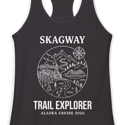 Skagway Trail Explorer Alaska Cruise Scenic Adventure Shirt — Ladies Tank Tank Top – Black – Alaska Cruise Shirts Close Up