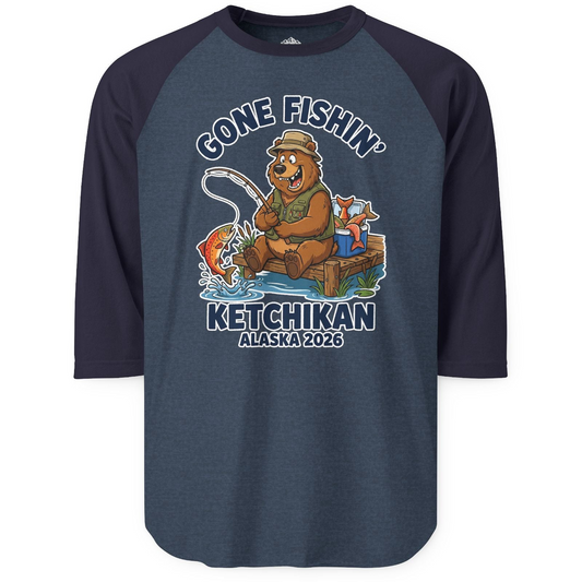 Gone Fishin Ketchikan Alaska 2026 Cartoon Bear Souvenir Shirt — 3/4 Sleeve T-Shirt – Alaska Cruise Shirts