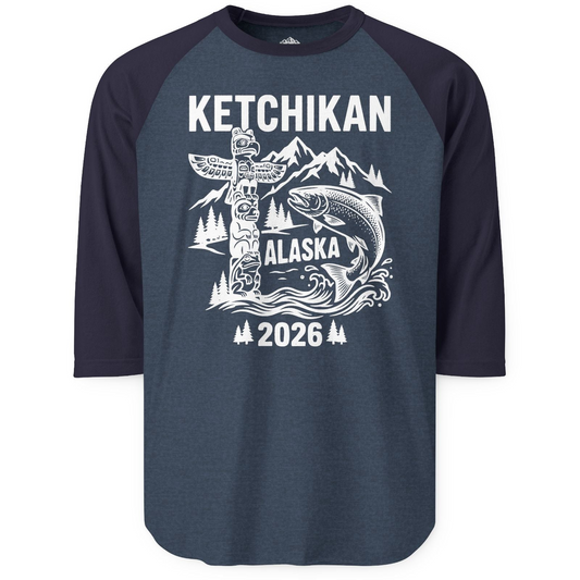 Ketchikan Alaska 2026 Totem Pole and Salmon Souvenir Shirt — 3/4 Sleeve T-Shirt – Alaska Cruise Shirts
