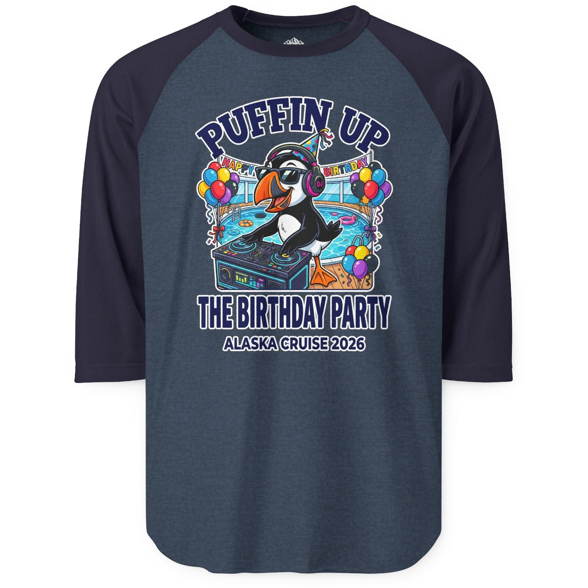 Funny Puffin DJ Birthday Party Alaska Cruise 2026 Shirt — 3/4 Sleeve T-Shirt – Alaska Cruise Shirts