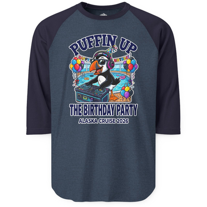 Funny Puffin DJ Birthday Party Alaska Cruise 2026 Shirt — 3/4 Sleeve T-Shirt – Alaska Cruise Shirts