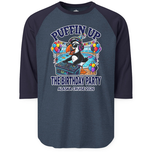 Funny Puffin DJ Birthday Party Alaska Cruise 2026 Shirt — 3/4 Sleeve T-Shirt – Alaska Cruise Shirts