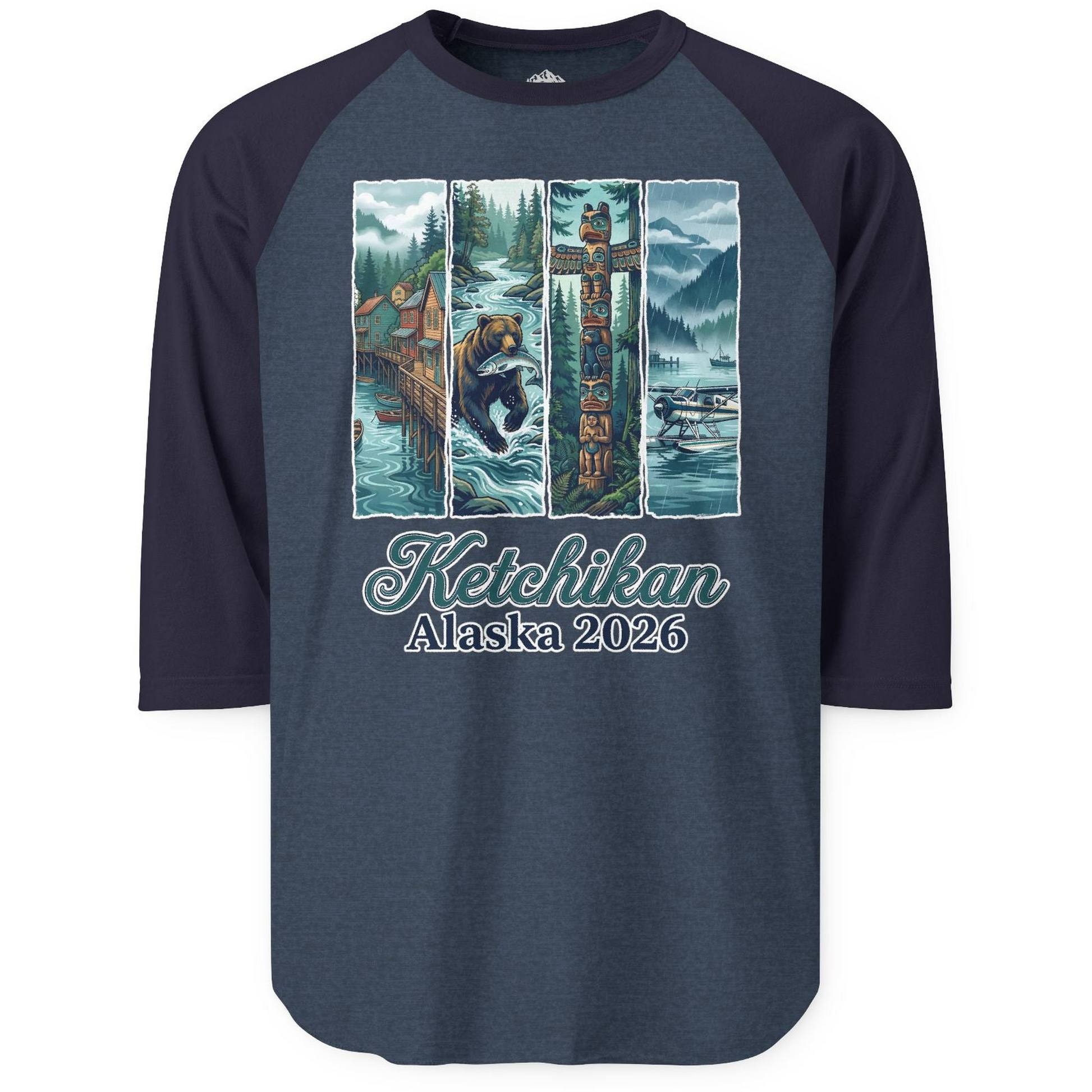 Ketchikan Alaska 2026 Scenic Nature and Totem Pole Art T-Shirt — 3/4 Sleeve T-Shirt – Alaska Cruise Shirts