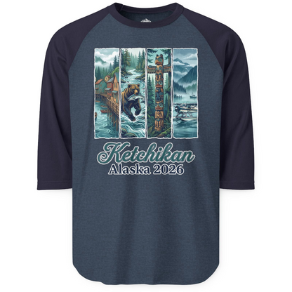 Ketchikan Alaska 2026 Scenic Nature and Totem Pole Art T-Shirt — 3/4 Sleeve T-Shirt – Alaska Cruise Shirts