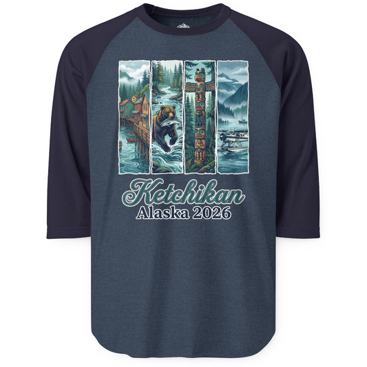 Ketchikan Alaska 2026 Scenic Nature and Totem Pole Art T-Shirt — 3/4 Sleeve T-Shirt – Alaska Cruise Shirts
