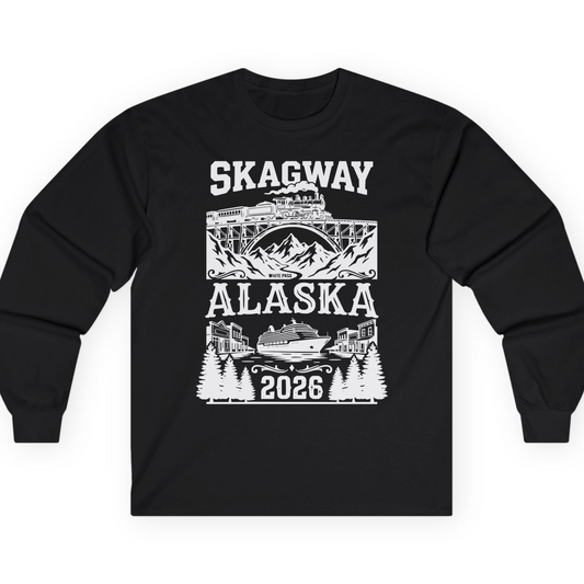 Skagway Alaska Cruise 2026 Shirt with Train and Mountains — Long Sleeve T-Shirt – Alaska Cruise Shirts