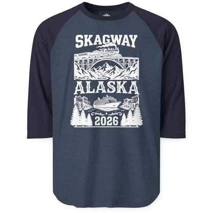Skagway Alaska Cruise 2026 Shirt with Train and Mountains — 3/4 Sleeve T-Shirt – Alaska Cruise Shirts
