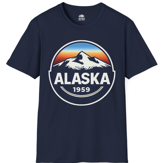 Alaska 1959 Retro Mountain Sunset Badge Shirt Vintage Statehood Tee — T-Shirt T-Shirt – Alaska Cruise Shirts