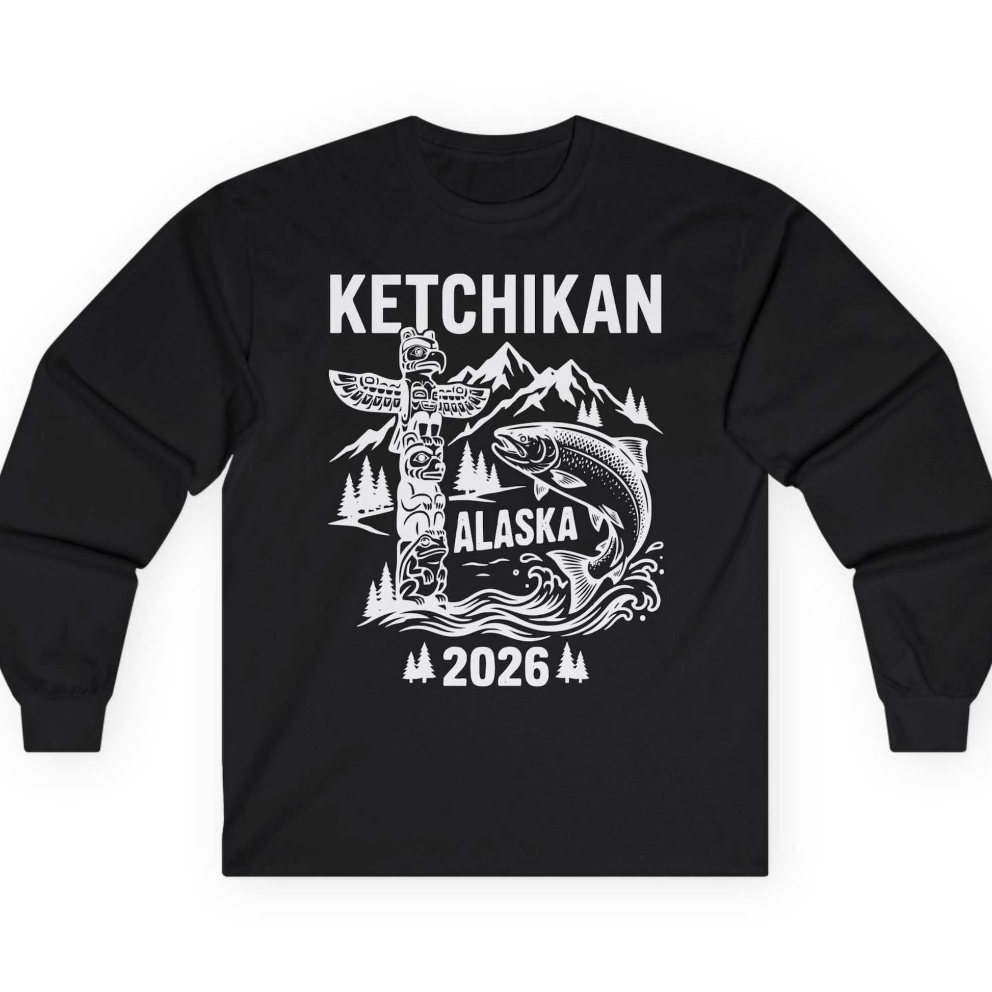 Ketchikan Alaska 2026 Totem Pole and Salmon Souvenir Shirt — Long Sleeve T-Shirt – Alaska Cruise Shirts
