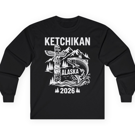 Ketchikan Alaska 2026 Totem Pole and Salmon Souvenir Shirt — Long Sleeve T-Shirt – Alaska Cruise Shirts