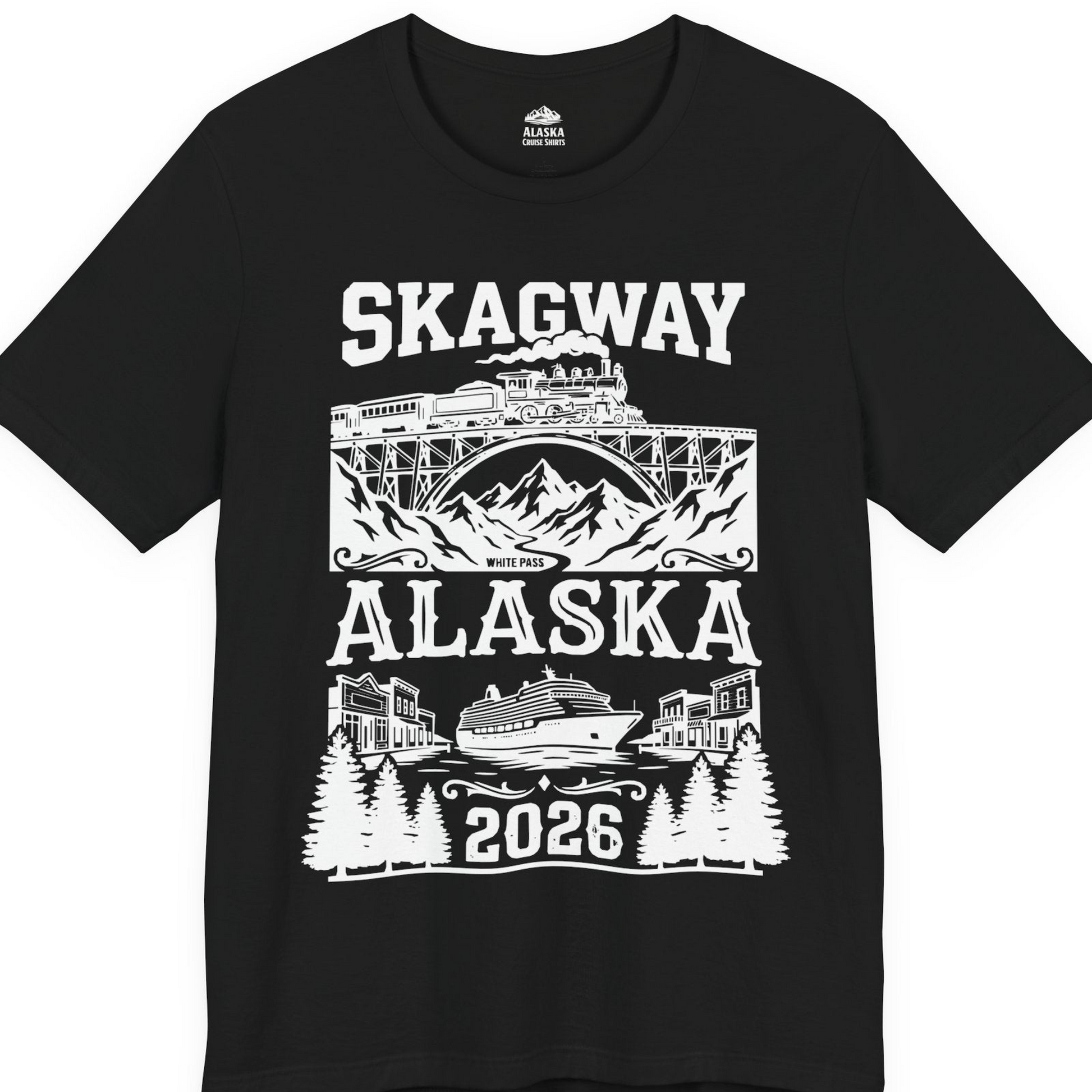 Skagway Alaska Cruise 2026 Shirt with Train and Mountains — Premium Tee T-Shirt – Alaska Cruise Shirts