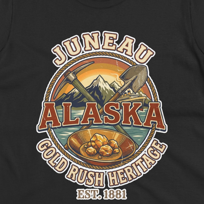 Juneau Alaska Gold Rush Heritage Vintage Travel T-Shirt — Ladies Tee T-Shirt – Alaska Cruise Shirts Close Up