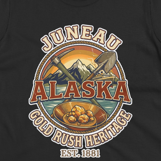 Juneau Alaska Gold Rush Heritage Vintage Travel T-Shirt — Ladies Tee T-Shirt – Alaska Cruise Shirts Close Up