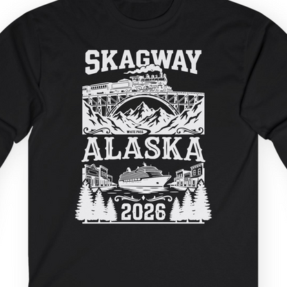 Skagway Alaska Cruise 2026 Shirt with Train and Mountains — Long Sleeve T-Shirt – Alaska Cruise Shirts Close Up