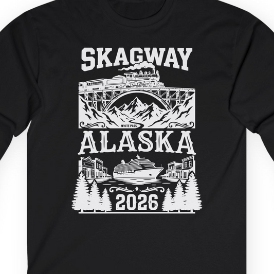 Skagway Alaska Cruise 2026 Shirt with Train and Mountains — Long Sleeve T-Shirt – Alaska Cruise Shirts Close Up