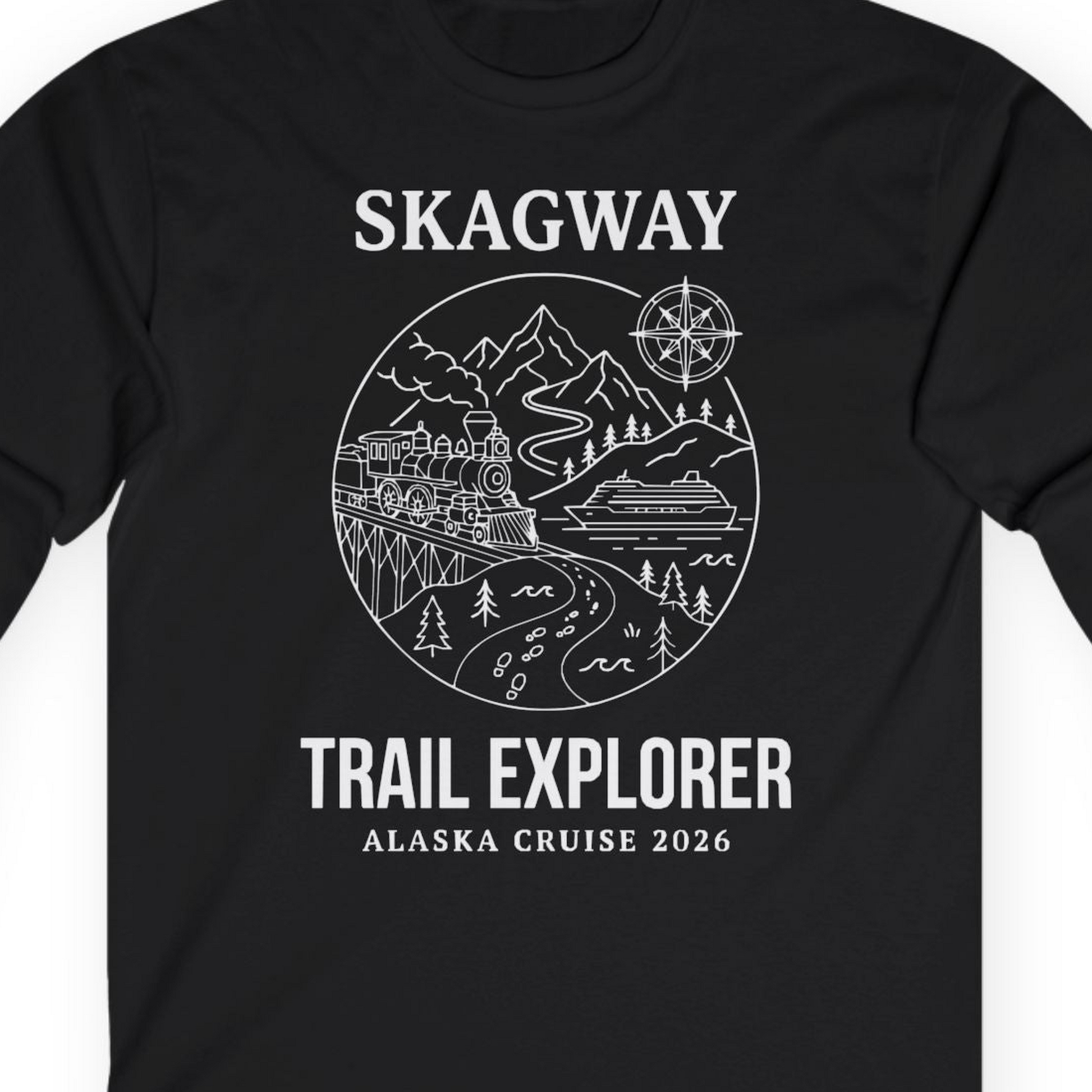 Skagway Trail Explorer Alaska Cruise Scenic Adventure Shirt — Long Sleeve T-Shirt – Alaska Cruise Shirts Close Up