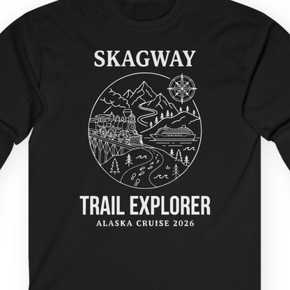Skagway Trail Explorer Alaska Cruise Scenic Adventure Shirt — Long Sleeve T-Shirt – Alaska Cruise Shirts Close Up