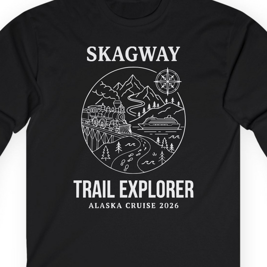Skagway Trail Explorer Alaska Cruise Scenic Adventure Shirt — Long Sleeve T-Shirt – Alaska Cruise Shirts Close Up