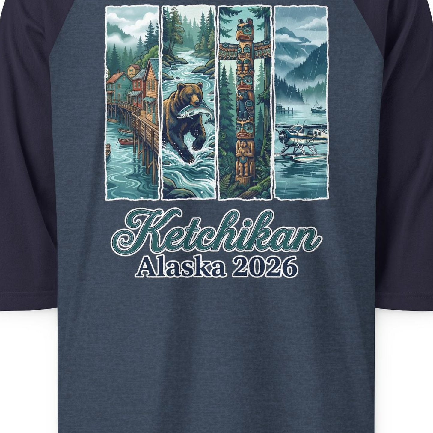Ketchikan Alaska 2026 Scenic Nature and Totem Pole Art T-Shirt — 3/4 Sleeve T-Shirt – Alaska Cruise Shirts Close Up