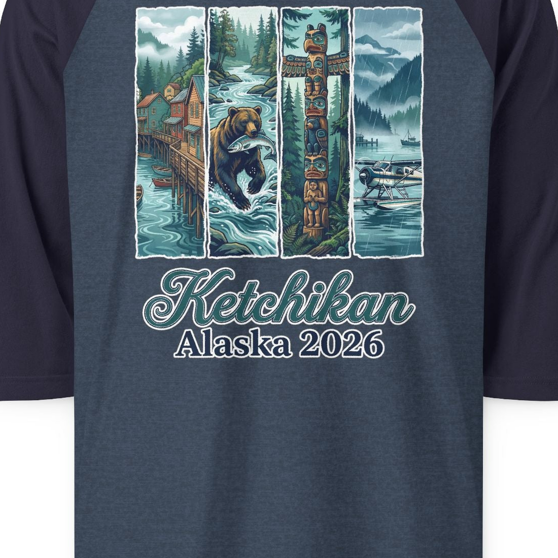 Ketchikan Alaska 2026 Scenic Nature and Totem Pole Art T-Shirt — 3/4 Sleeve T-Shirt – Alaska Cruise Shirts Close Up
