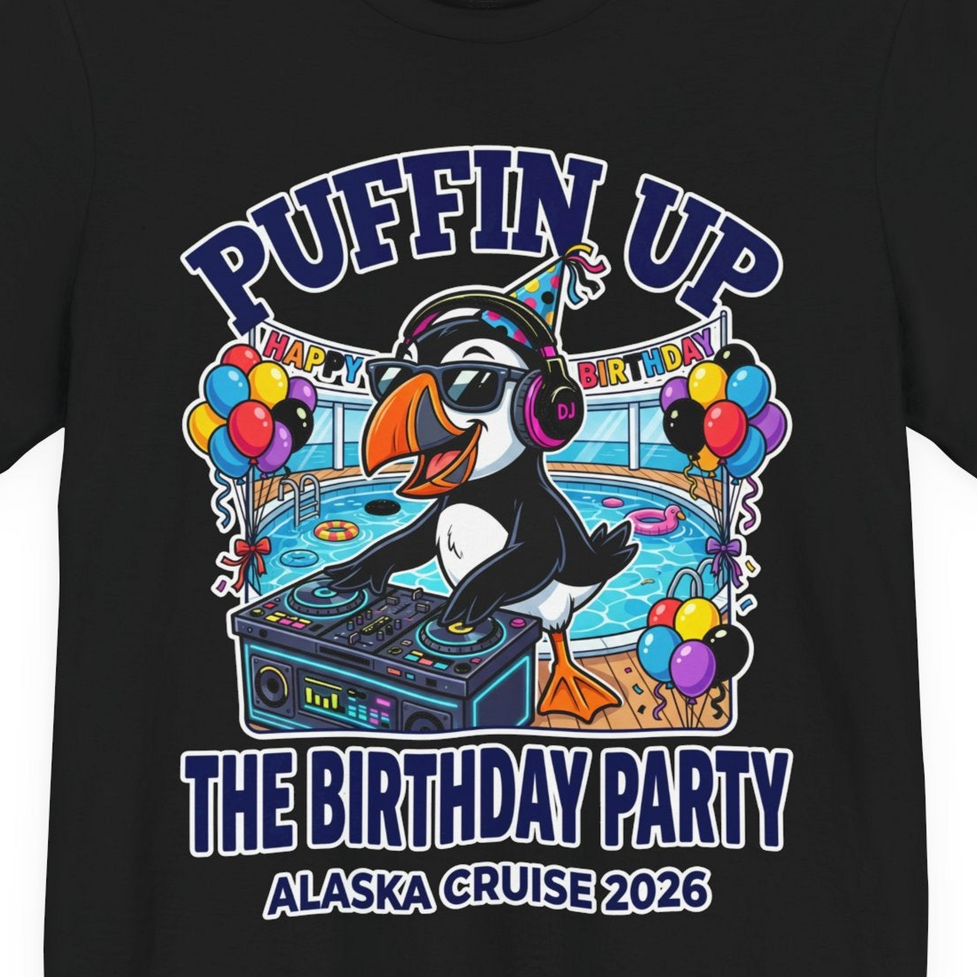 Funny Puffin DJ Birthday Party Alaska Cruise 2026 Shirt — Premium Tee T-Shirt – Alaska Cruise Shirts Close Up