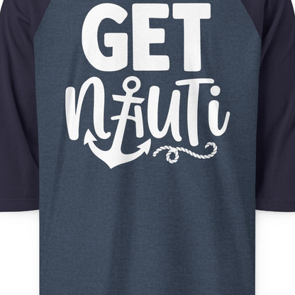 Get Nauti Nautical Pun Shirt with Anchor and Rope Graphic — 3/4 Sleeve T-Shirt – Alaska Cruise Shirts Close Up