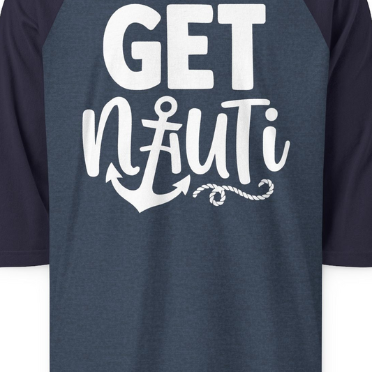 Get Nauti Nautical Pun Shirt with Anchor and Rope Graphic — 3/4 Sleeve T-Shirt – Alaska Cruise Shirts Close Up