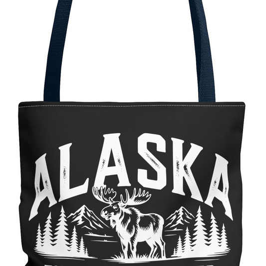 Alaska Moose Tote Bag — 'The Last Frontier' Vintage Mountain Travel Tote T-Shirt – Alaska Cruise Shirts Close Up