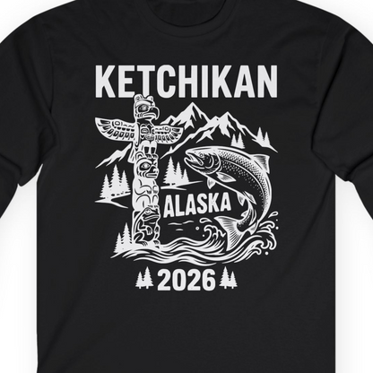 Ketchikan Alaska 2026 Totem Pole and Salmon Souvenir Shirt — Long Sleeve T-Shirt – Alaska Cruise Shirts Close Up