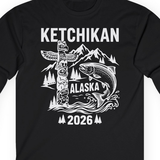 Ketchikan Alaska 2026 Totem Pole and Salmon Souvenir Shirt — Long Sleeve T-Shirt – Alaska Cruise Shirts Close Up