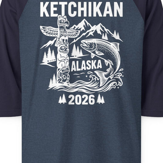 Ketchikan Alaska 2026 Totem Pole and Salmon Souvenir Shirt — 3/4 Sleeve T-Shirt – Alaska Cruise Shirts Close Up