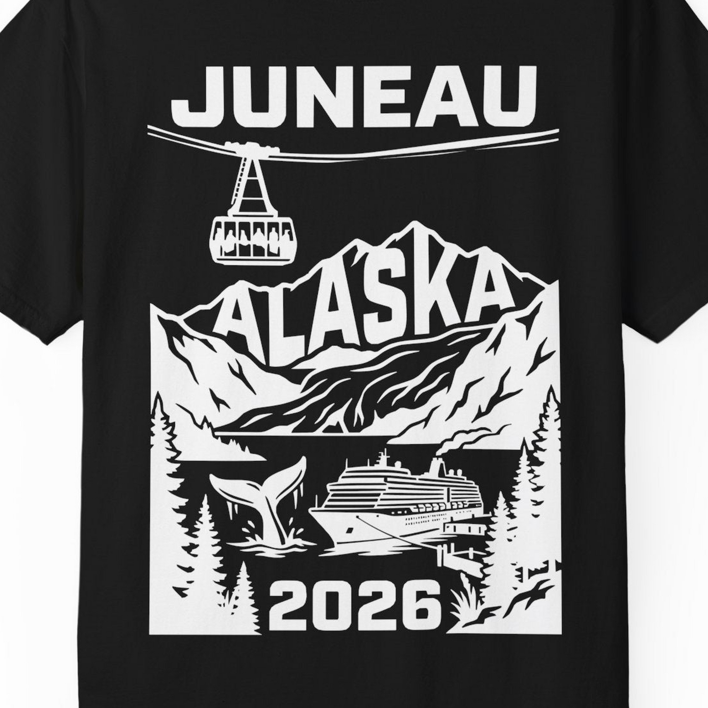 Juneau Alaska Cruise 2026 Scenic Whale and Cable Car Shirt — Comfort T-Shirt – Alaska Cruise Shirts Close Up