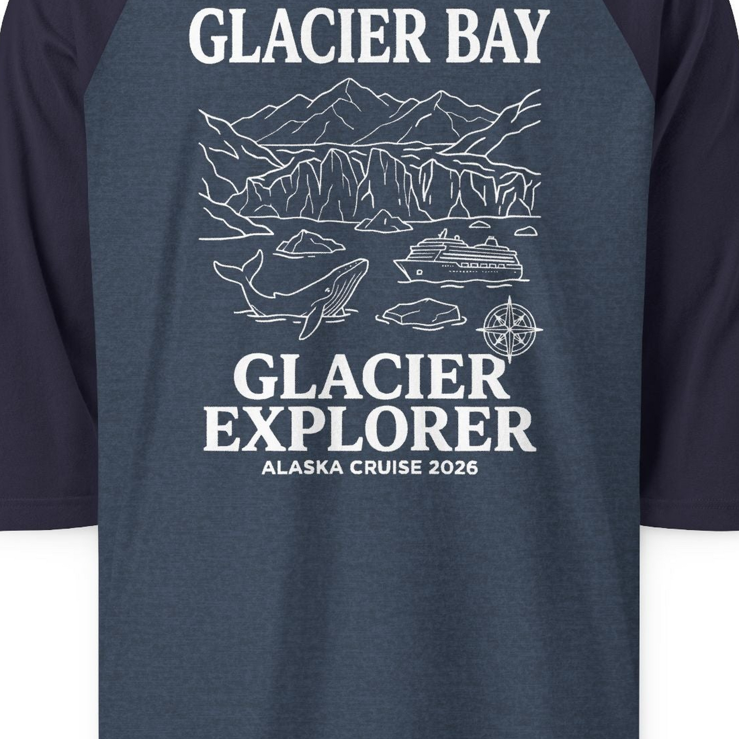 Glacier Bay Alaska Cruise 2026 Glacier Explorer Souvenir Shirt — 3/4 Sleeve T-Shirt – Alaska Cruise Shirts Close Up