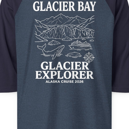 Glacier Bay Alaska Cruise 2026 Glacier Explorer Souvenir Shirt — 3/4 Sleeve T-Shirt – Alaska Cruise Shirts Close Up