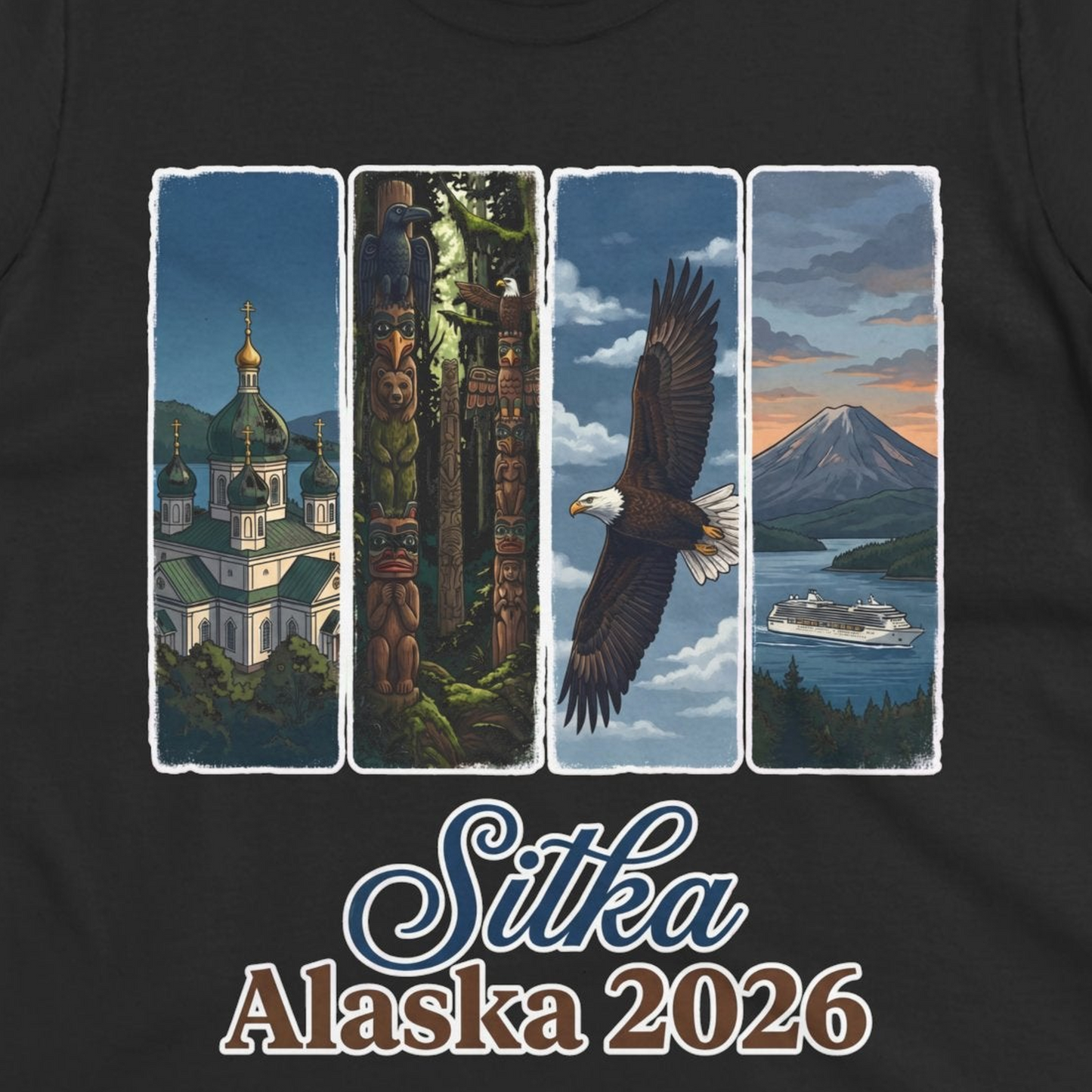 Sitka Alaska 2026 Cruise and Wildlife Souvenir Graphic Shirt — Ladies Tee T-Shirt – Alaska Cruise Shirts Close Up