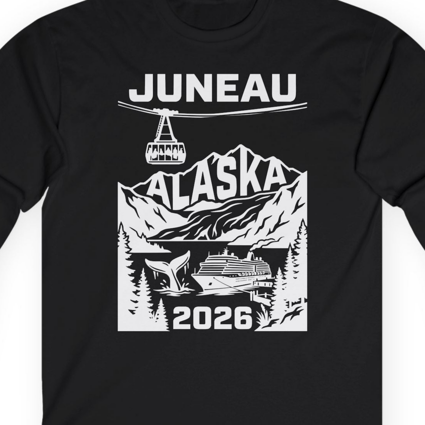 Juneau Alaska Cruise 2026 Scenic Whale and Cable Car Shirt — Long Sleeve T-Shirt – Alaska Cruise Shirts Close Up