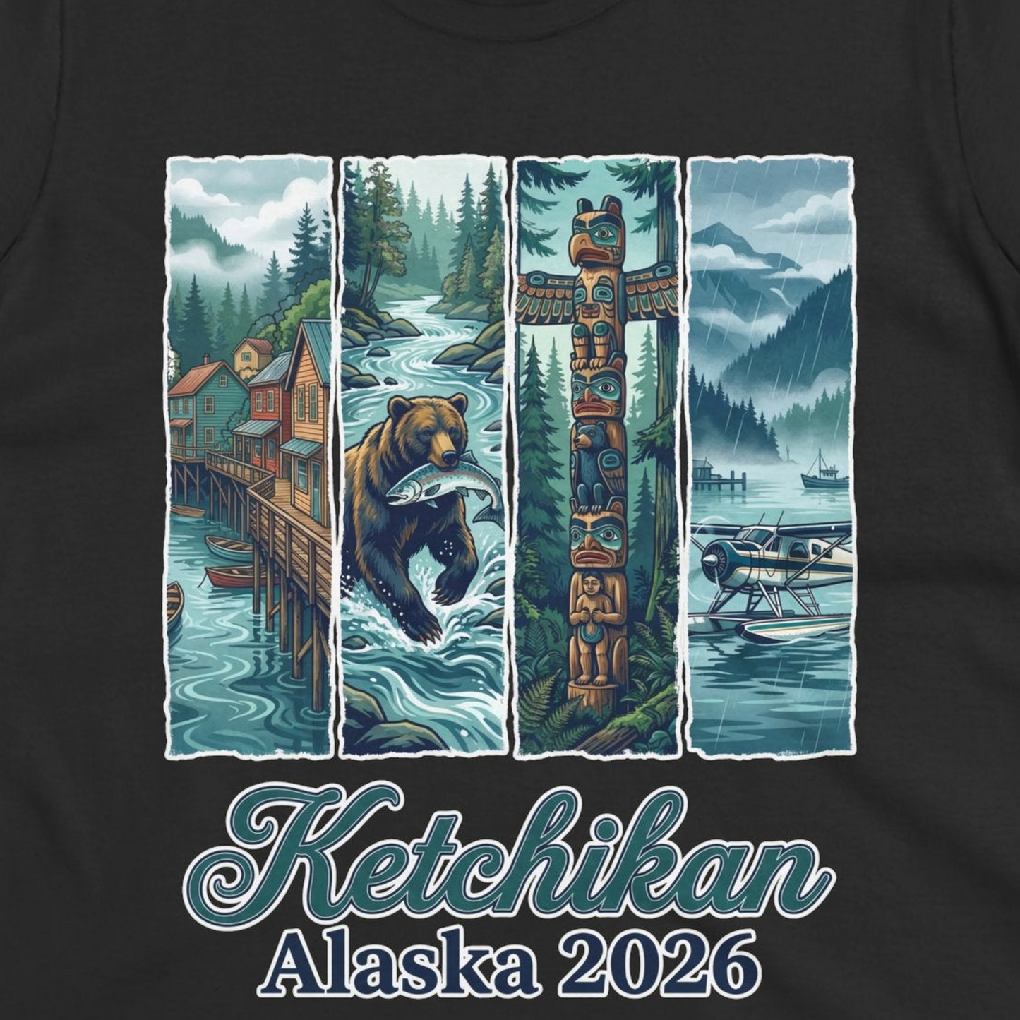 Ketchikan Alaska 2026 Scenic Nature and Totem Pole Art T-Shirt — Ladies Tee T-Shirt – Alaska Cruise Shirts Close Up