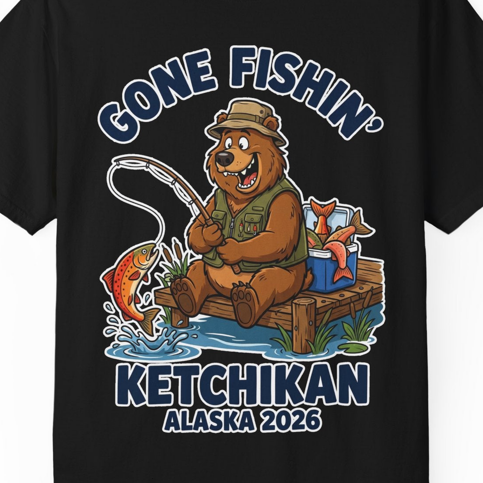 Gone Fishin Ketchikan Alaska 2026 Cartoon Bear Souvenir Shirt — Comfort T-Shirt – Alaska Cruise Shirts Close Up