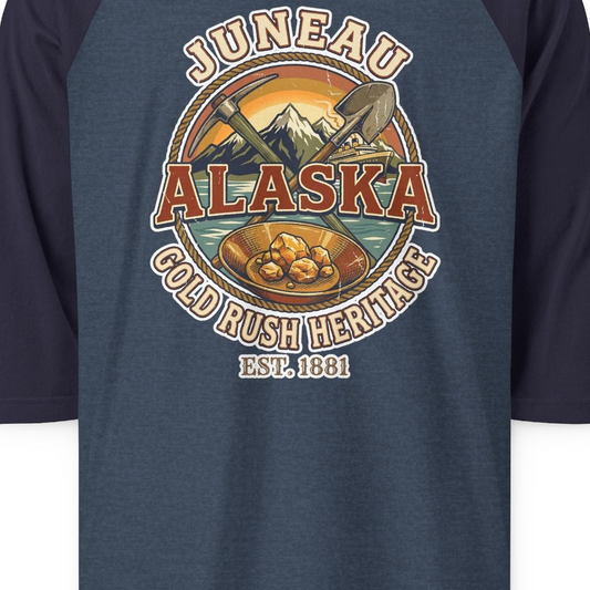 Juneau Alaska Gold Rush Heritage Vintage Travel T-Shirt — 3/4 Sleeve T-Shirt – Alaska Cruise Shirts Close Up