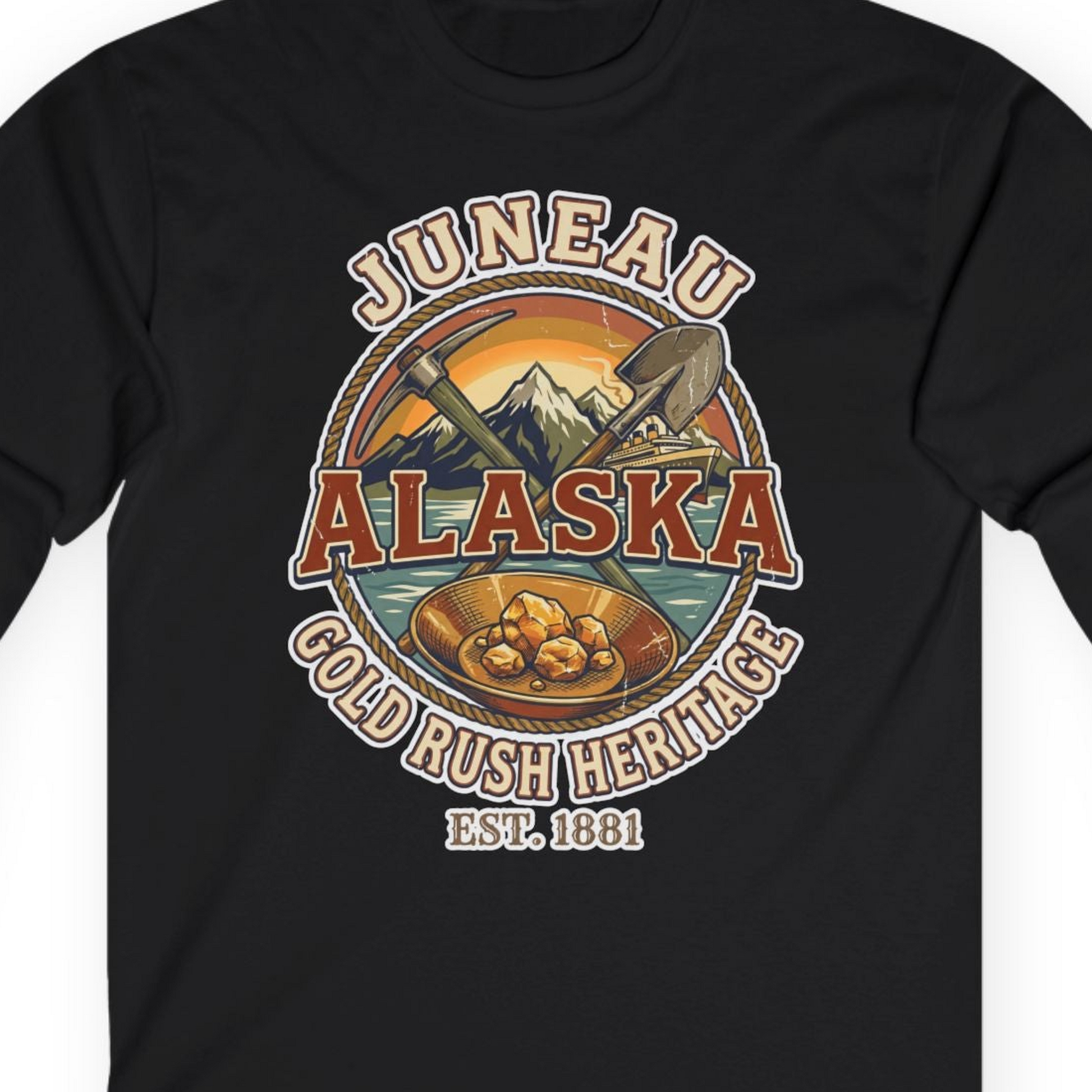 Juneau Alaska Gold Rush Heritage Vintage Travel T-Shirt — Long Sleeve T-Shirt – Alaska Cruise Shirts Close Up