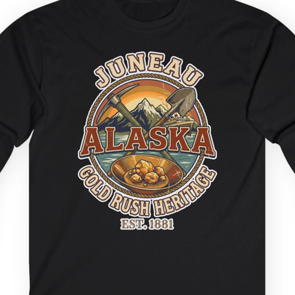 Juneau Alaska Gold Rush Heritage Vintage Travel T-Shirt — Long Sleeve T-Shirt – Alaska Cruise Shirts Close Up