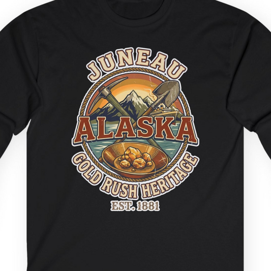 Juneau Alaska Gold Rush Heritage Vintage Travel T-Shirt — Long Sleeve T-Shirt – Alaska Cruise Shirts Close Up