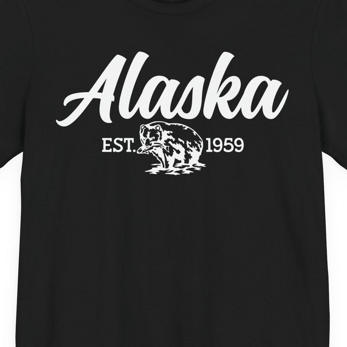 Alaska Bear Est 1959 Vintage Wildlife Graphic Monochrome Shirt — Premium Tee T-Shirt – Alaska Cruise Shirts Close Up