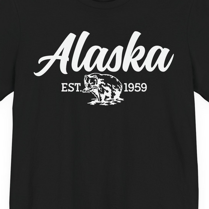 Alaska Bear Est 1959 Vintage Wildlife Graphic Monochrome Shirt — Premium Tee T-Shirt – Alaska Cruise Shirts Close Up