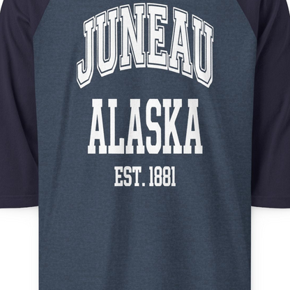 Juneau Alaska Est 1881 Classic Collegiate Souvenir Shirt — 3/4 Sleeve T-Shirt – Alaska Cruise Shirts Close Up