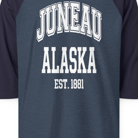 Juneau Alaska Est 1881 Classic Collegiate Souvenir Shirt — 3/4 Sleeve T-Shirt – Alaska Cruise Shirts Close Up